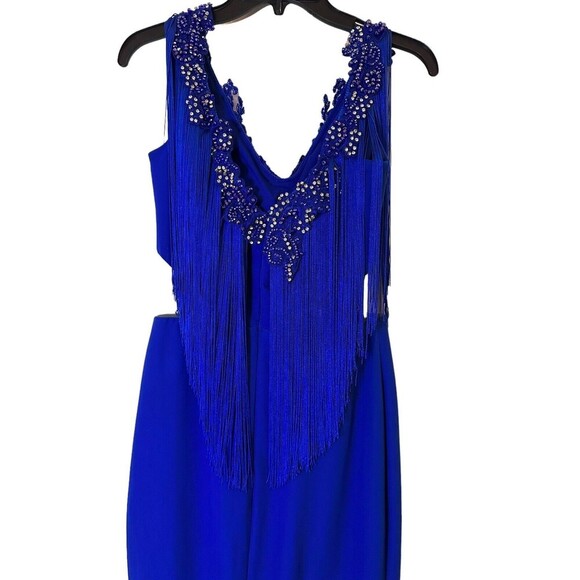 Odrella Royal Blue Event Gown Tassel  Mesh Cut out Beaded Design Size 6 - Picture 7 of 16